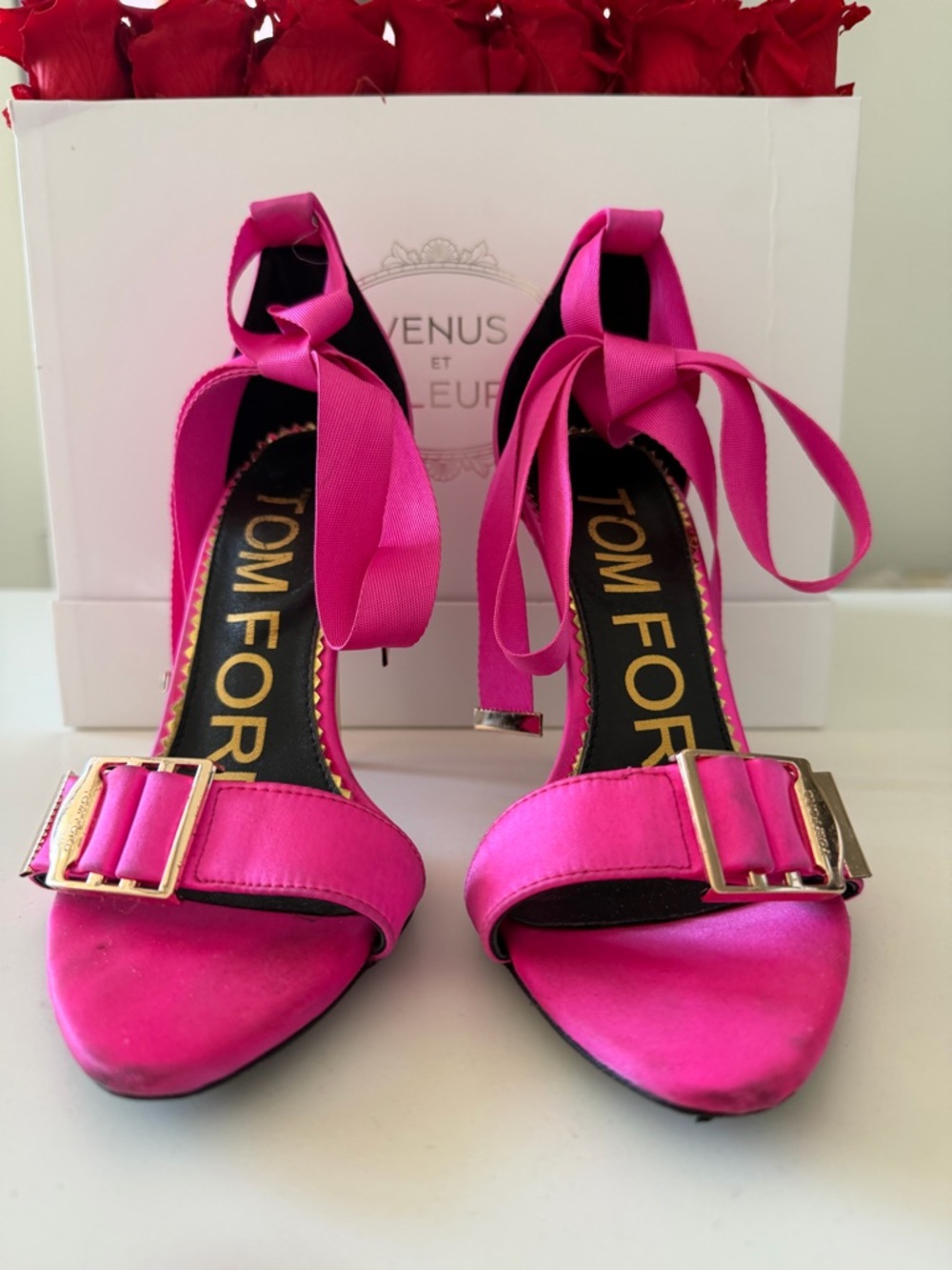 Tom Ford Hot Pink Satin Ankle-Tie Heels with Gold Buckles - Picture 4 of 4